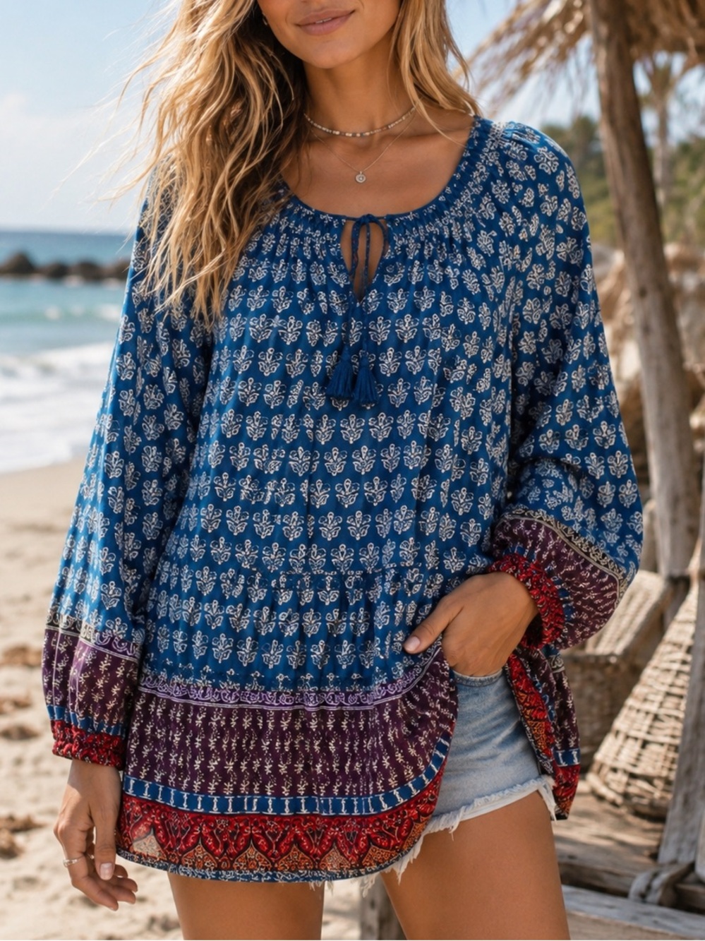 BeachLunchLounge Collection Boho Peasant Blouse XS Blue Floral Print Tassel Tie